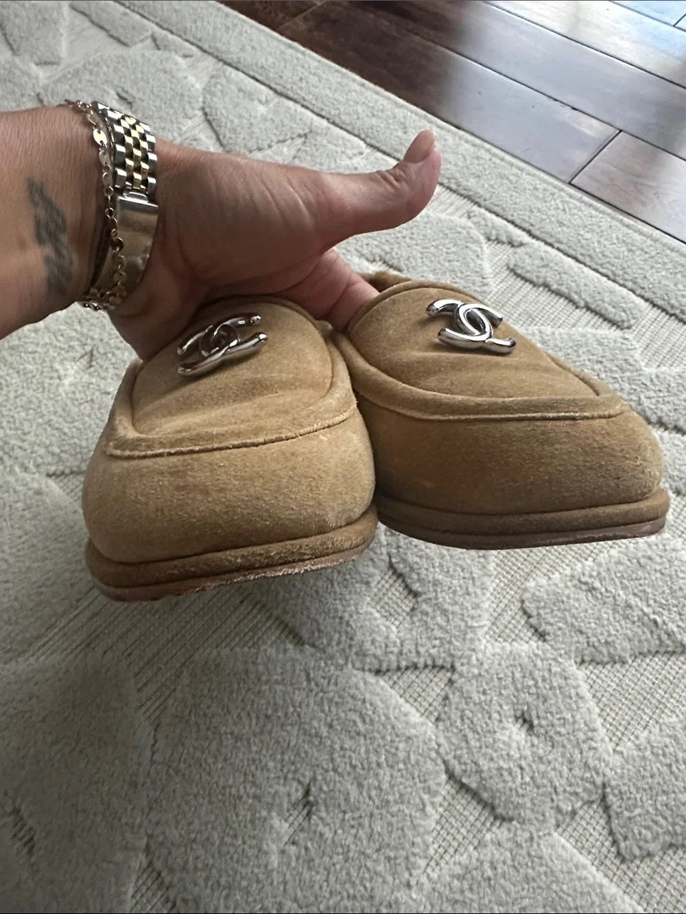 Chanel silver CC suede calfskin loafers size 36